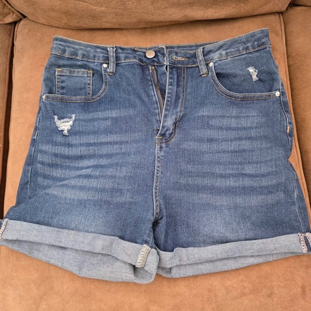 Rolled-Hem Distressed Denim Shorts